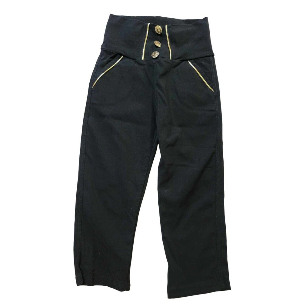 Girls Stretch Black Pants, brass button design S/M 20.5 in